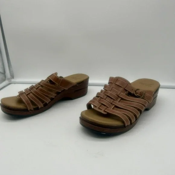 Dansko Marion Wedge Sandal Shoe Women 40 9.5-10 Brown Buckle Strappy Leather - Picture 7 of 11